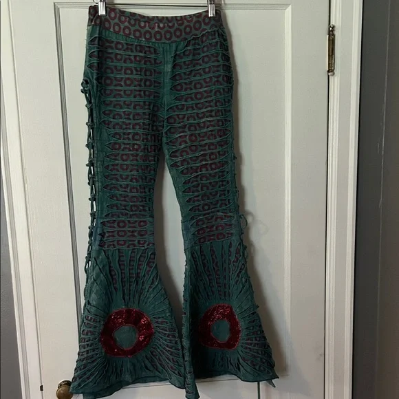 Jayli Phish Teal and Red Flare Pants - Picture 1 of 5